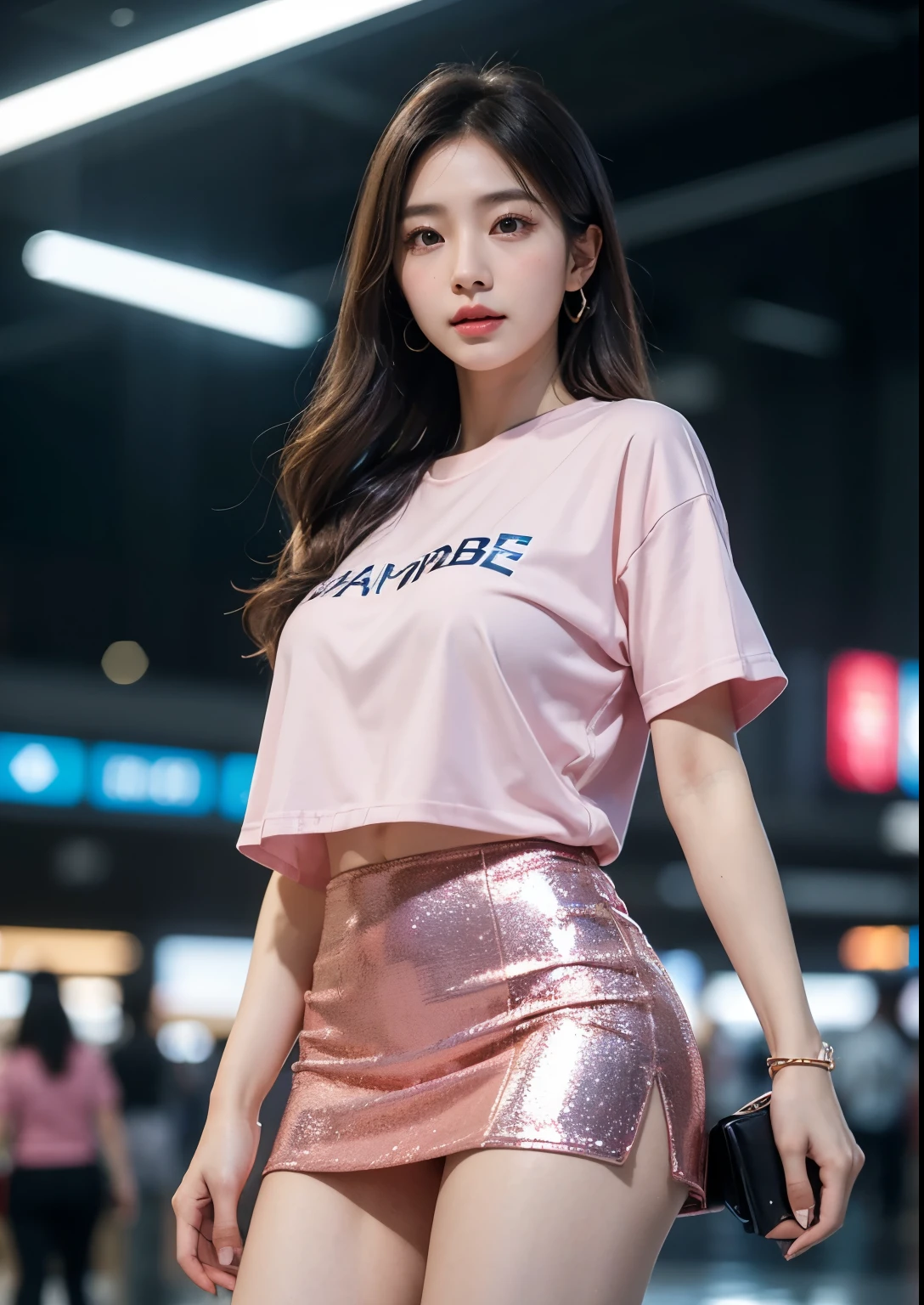 a beautiful korean girl, standing in dubai airport, wearing a silky glitter pink t-shirt, tight mini skirt, long flowing hair, detailed facial features, elegant pose, photorealistic, intricate details, warm lighting, dramatic colors, cinematic composition, highly detailed, 8k, masterpiece, hyper realistic, realistic lighting, volumetric fog, octane render, professional photography