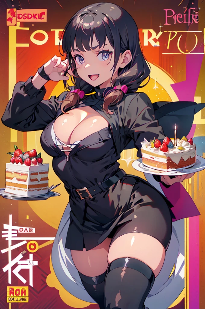1 girl, small nose, very beautiful detailed face and eyes, bright colors, cute face, delicate beautiful face, Bright magenta eyes, cute eyes, sparkling eyes, Big eyes, (big breasts:1.3), (perky chest:1.1), (pointed chest:1.0), (cake magazine cover:1.3),highest quality, WorKs of masters, High resolution,BlacK color hair,shiny hair, side ponytail,hair between eyes,bangs, (black jacket, real clothes, cleavage, black skirts, black thighhighs, thigh strap, fingerless gloves, single glove:1.2) , spread legs, panties shot, medium hips, glamorous body, white skin, smile, thin pubric hair, super beautiful face, Super beautiful eyes, Super beautiful hair,trendy outfit,sexy and attractive,full body esbian, Real World, Natural light,perfect Natural light,(with sparkling eyes and a contagious smile), This masterpiece is not only visually stunning but also tells, make of cake cooking , in the kitchen, open mouth, looking at viewer,