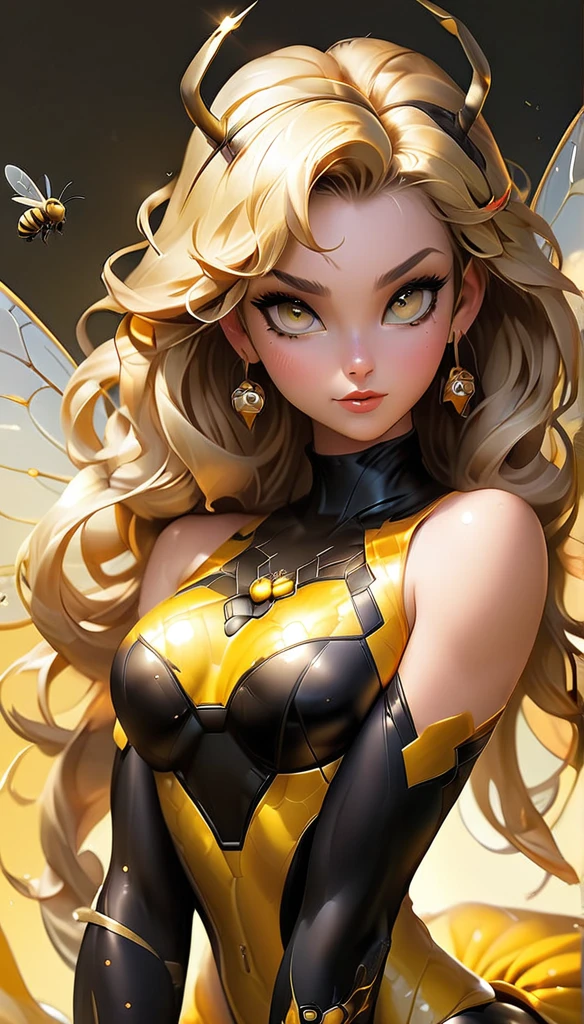 stunning and seductive pin-up style illustration in the spirit of anime, featuring a confident and curvaceous bee-girl with blonde hair and a unique twist. Emphasize her powerful physique, with muscular thighs and a toned abdomen, accentuated by her animal-themed outfit. Her most striking features include her voluminous blonde hair, glowing with golden highlights, and her large, captivating eyes with a hint of honey-like sparkle. Imagine her posing seductively, showcasing her ample assets, including her prominent breasts and thick thighs, while donning a creative blend of bee-inspired attire, perhaps with translucent wings and a playful stinger. The color palette should be warm and inviting, with soft golden hues and pops of amber and yellow, reflecting the essence of honey and sunshine. The lighting should be soft and flattering, creating a dreamy and ethereal atmosphere. This bee-girl embodies both strength and sensuality, captivating viewers with her unique blend of animalistic charm and anime allure."