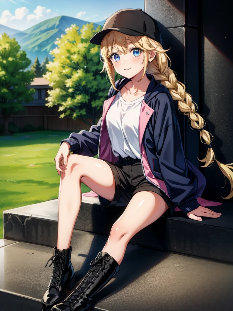 sitting on a ledge, the lady is giving a peace sign, 1girl, solo, v, twin braids, blonde hair, braid, sitting, hat, smile, blue eyes, boots, shirt, shorts, white shirt, jacket, black headwear, long hair, looking at viewer, black footwear, blush, baseball cap, collarbone, black shorts, cross-laced footwear