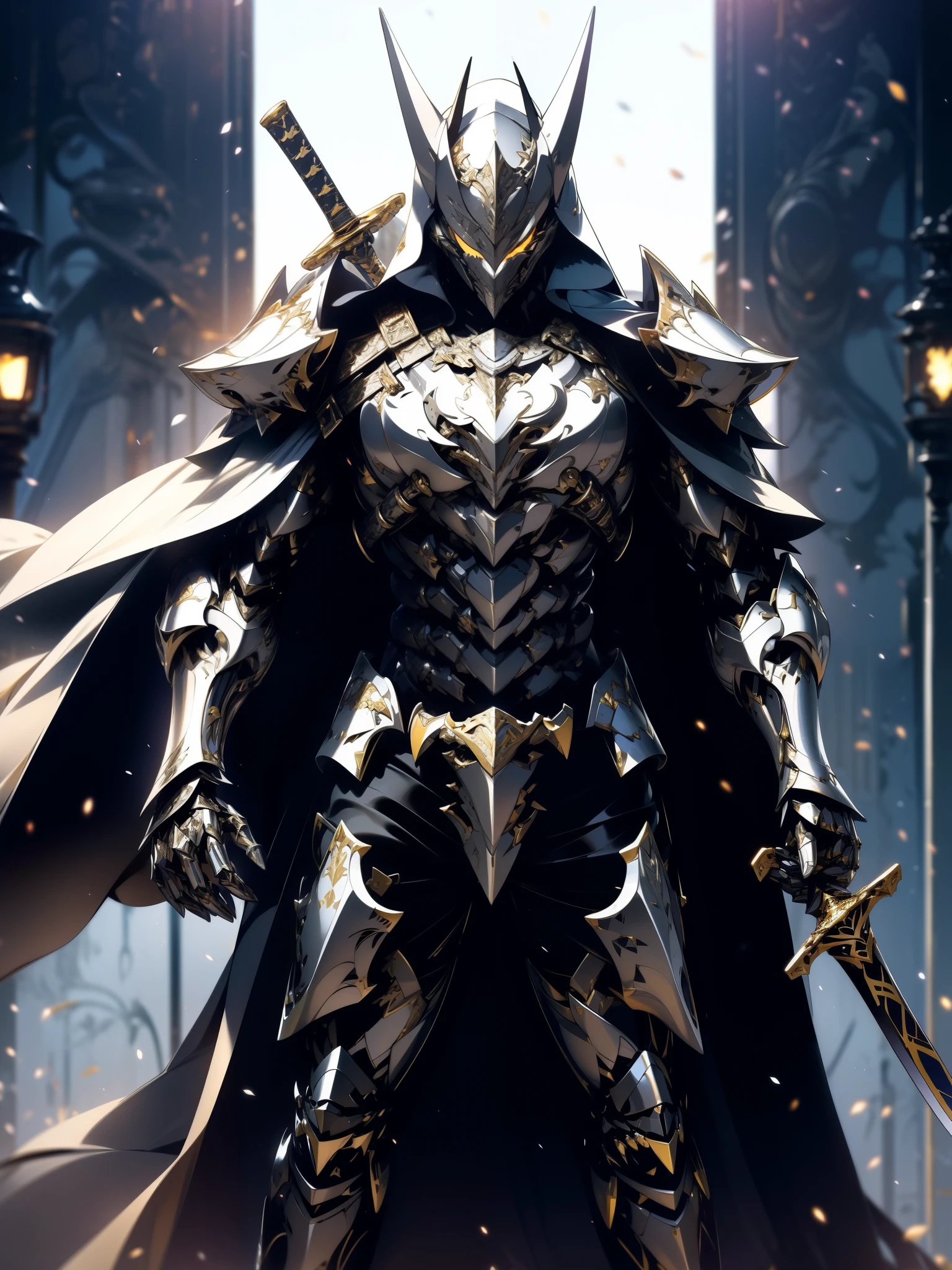 batman in armor with a sword and a cape on his shoulders, intricate assassin mecha armor, elegant smooth silver armor, sleek smooth white plated armor, silver cyber armor, gold and silver armour suit, shiny silver metal armor, arasaka mech, white plated armor, god king of ai art, silver and gold heavy armor, shiny metal armor, white metallic armor