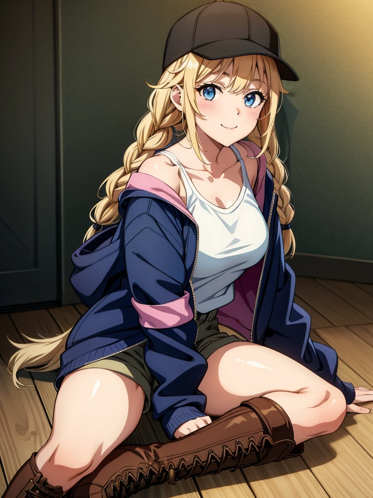 an anime style female figure wearing dark color top and knee high boots, 1girl, solo, hat, blue eyes, smile, blonde hair, sitting, boots, looking at viewer, braid, twin braids, jacket, shirt, white shirt, black headwear, baseball cap, blush, brown footwear, collarbone, shorts, long hair, lace-up boots, breasts, cross-laced footwear, open clothes