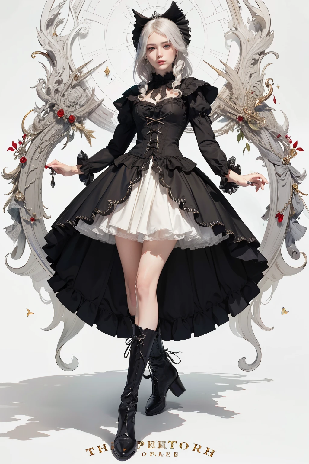 (((masutepiece, of the highest quality, super detailed))), full body, whole body, hand drawn style, hand painted style, watercolour, sketch, a knight, white background, plain background, Bloodborne inspired, tatty Bloodborne attire, occult aesthetic, occult, tatty red and white clothing detailed and intricate steampunk and detailed gothic lolita (with a hood), diadems, long coat, Complex laced boots, Fluttering lace flared long knee length dress with frilly petticoats, long dress, knee length dress, pleated petticoats, lolita dress, petticoats gothic lolita, beautiful small breasts, (((( Highly detailed face))), small thin nose, Small thin lips mouth, (((Very sharp focused eyes))), Very large slit precision pale grey eyes that shine like jewels. very long eyelashes, Silver hair swaying in the wind, Emitting a dazzling light in a mandala pattern, white background, Very dramatic and cinematic lighting, tatty damaged old red and white clothing, full body, whole body, body, cosmic horror, grim dark, lolita dress, gothic, lolita petticoats, Bloodborne attire petticoats, full body, whole body, Bloodborne inspired