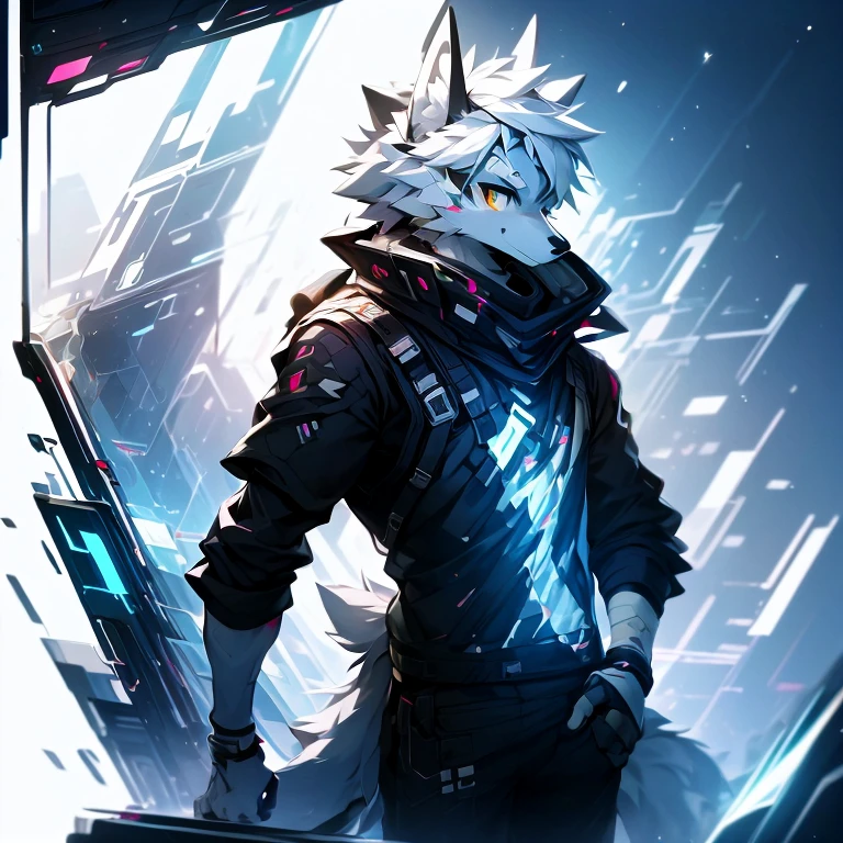cyber punk perssonage，epcot，Tech style，solo person，White body，White ears，White hair，Overall white，Orange-yellow eyes，Wolf tail，Wolf orcs，Young，Wear a short-sleeved shirt，Ultra-clear screen，Soft lines