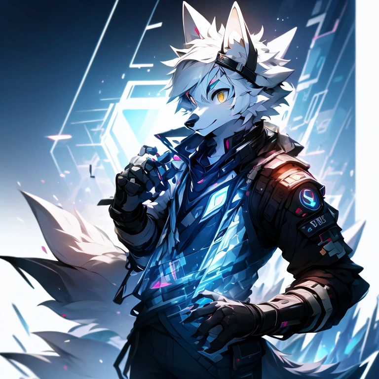 cyber punk perssonage,epcot,Tech style,solo person,White body,White ears,White hair,Overall white,Orange-yellow eyes,Wolf tail,Wolf orcs,Young,Wear a short-sleeved shirt,Ultra-clear screen,Soft lines