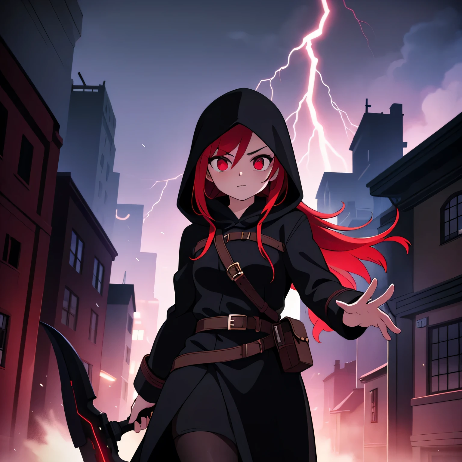 Best quality, realistic, a girl with red hair and detailed eyes and face, lightning bolts around, red glowing eyes, wearing a black dress, with a black overcoat, and a person with a black hood over their head. The scene depicts a huntress inspired by the style of Van Helsing. The background is a dark, mysterious setting with dimly lit streets and fog. The colors are rich and vibrant, with a dark and moody color palette. The lighting is dramatic, casting long shadows and highlighting the girl's determined expression. The overall image should have a cinematic and thrilling atmosphere, capturing the essence of a fierce and skilled huntress in action.