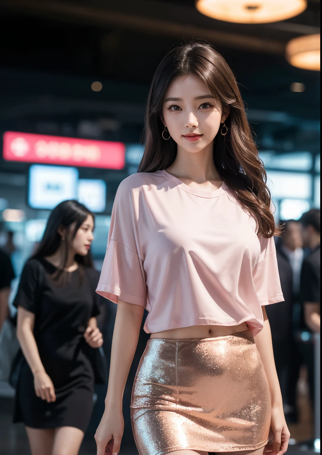 a beautiful korean girl, standing in dubai airport, (wearing a silky glitter pink t-shirt), tight mini skirt, long flowing hair, detailed beautiful face with striking eyes and lips, long silky hair, elegant pose, vivid colors, dramatic lighting, elegant pose, photorealistic, intricate details, warm lighting, dramatic colors, cinematic composition, highly detailed, 8k, masterpiece, hyper realistic, realistic lighting, volumetric fog, octane render, professional photography,bright skin, Autumn, clear face, realistic skin, realistic face, Realistic smile, tempting eyes, Cute,