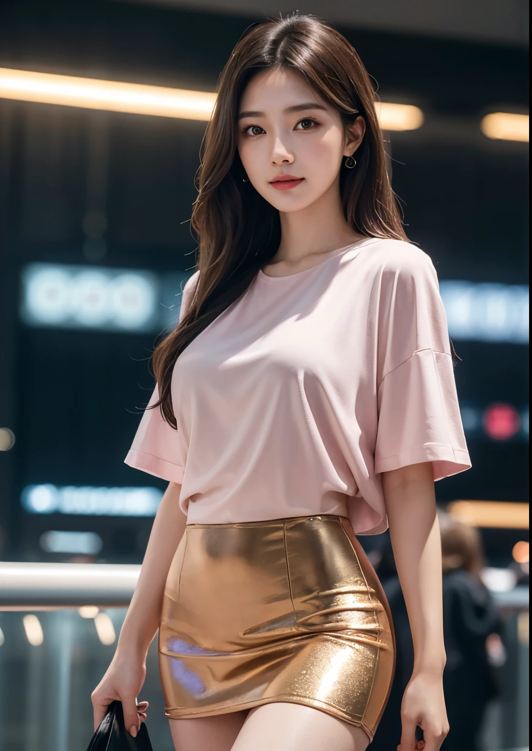 a beautiful korean girl, standing in dubai airport, (wearing a silky glitter pink t-shirt), tight mini skirt, long flowing hair, detailed beautiful face with striking eyes and lips, long silky hair, elegant pose, vivid colors, dramatic lighting, elegant pose, photorealistic, intricate details, warm lighting, dramatic colors, cinematic composition, highly detailed, 8k, masterpiece, hyper realistic, realistic lighting, volumetric fog, octane render, professional photography,bright skin, Autumn, clear face, realistic skin, realistic face, Realistic smile, tempting eyes, Cute, 