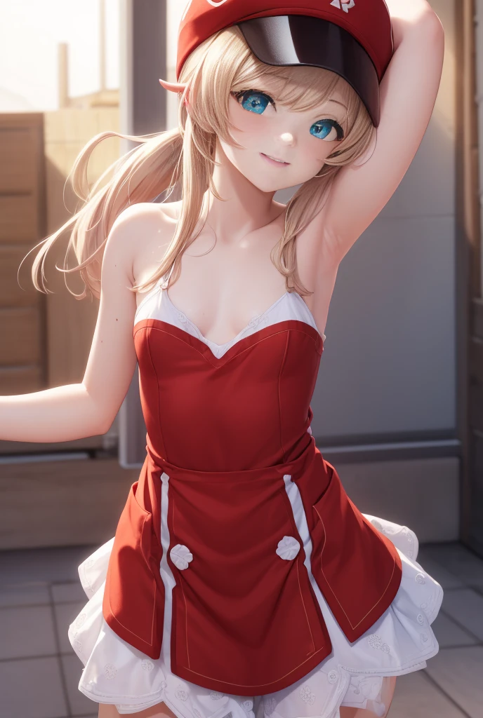 clay, blush, smile, Usual clothes, Red clothes, Red Hat, Combat Uniform, , The back is very smal, Lolita, Small breasts, Show me your armpits, exterior: 14 years old, Shoulder avicle is visible, Sexy thighs, Beautiful feet, Usual hairstyle, highest quality, High resolution, unity 8k wallpaper, (shape:0.8), (Beautiful and beautiful eyes:1.6), Highly detailed face, Perfect lighting, Extremely detailed CG, (Perfect hands, Perfect Anatomy),