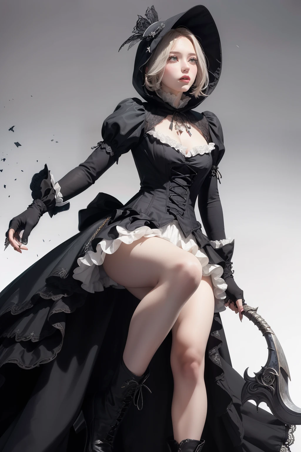 (((masutepiece, of the highest quality, super detailed))), full body, whole body, hand drawn style, hand painted style, watercolour, sketch, a knight, white background, plain background, Bloodborne inspired, tatty Bloodborne attire, occult aesthetic, occult, tatty red and white clothing detailed and intricate steampunk and detailed gothic lolita (with a hood), diadems, long coat, Complex laced boots, Fluttering lace flared long knee length dress with frilly petticoats, long dress, knee length dress, pleated petticoats, lolita dress, petticoats gothic lolita, beautiful small breasts, (((( Highly detailed face))), small thin nose, Small thin lips mouth, (((Very sharp focused eyes))), Very large slit precision pale grey eyes that shine like jewels. very long eyelashes, Silver hair swaying in the wind, Emitting a dazzling light in a mandala pattern, white background, Very dramatic and cinematic lighting, tatty damaged old red and white clothing, full body, whole body, body, cosmic horror, grim dark, lolita dress, gothic, lolita petticoats, Bloodborne attire petticoats, full body, whole body, Bloodborne inspired