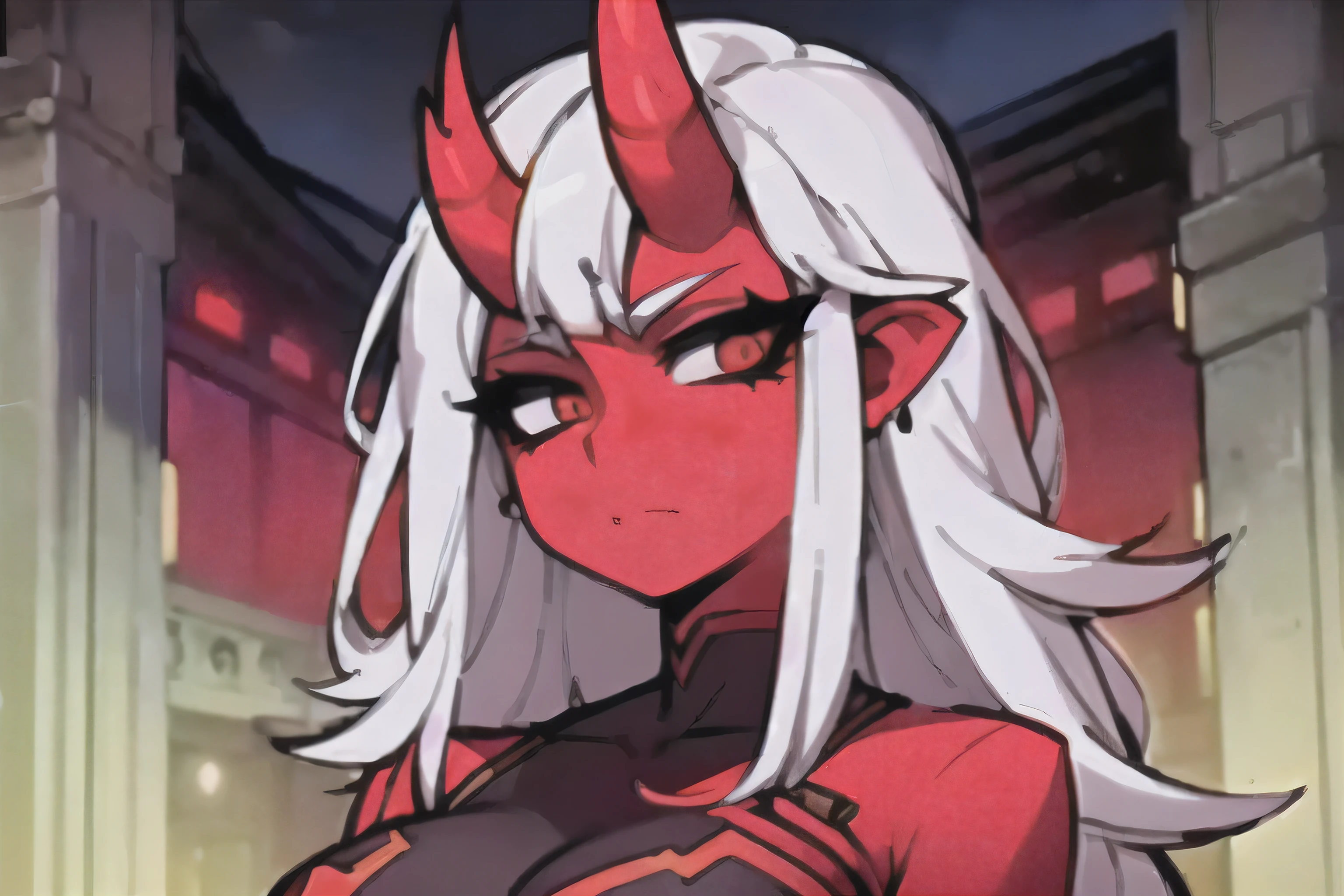 anime girl with horns and horns on her head in a city, mara demon, mika kurai demon, giesha demon, demon girl, demoness, oni horns, succubus, portrait of a female demon, portrait of demon girl, demon woman, onmyoji portrait, tiefling, devilish, white horns queen demon, demon anime girl, demon horn
