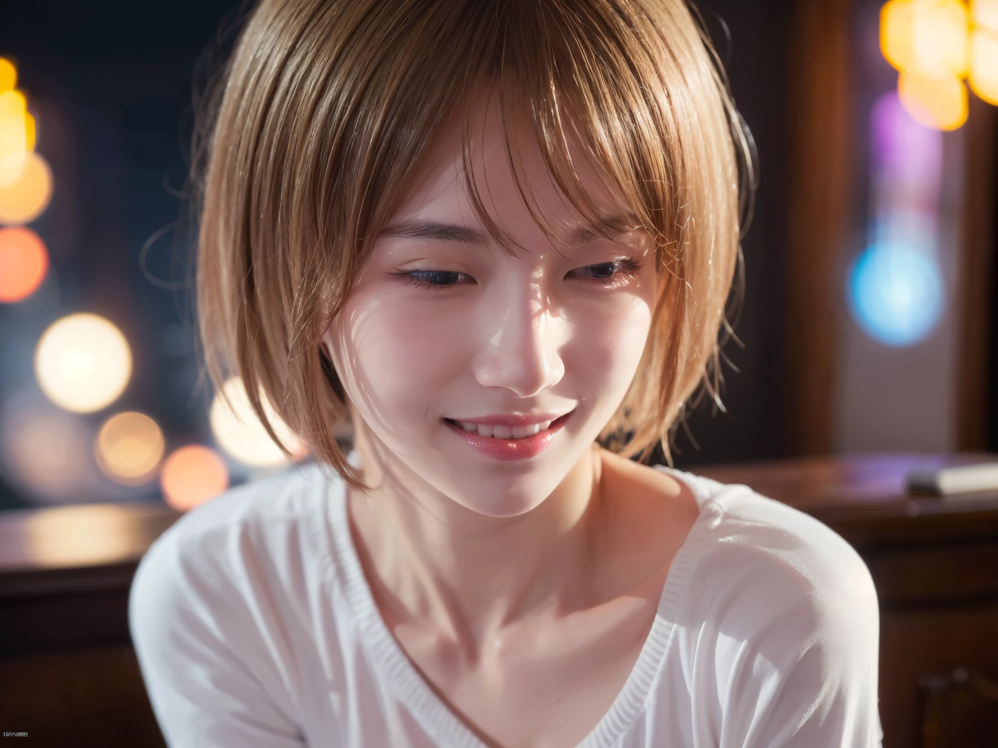 22 year old Japanese woman in casual clothes in the living room、Observe the audience、Pose with a smile(highest quality、masterpiece)))、High resolution、Very detailed、masterpiece、Cinema Lighting、(8k、highest quality、masterpiece:1.2)、(Realistic、Realistic:1.37) High resolution、Very detailed、One Girl 、Asian, cute, cute顔, alone, Blonde Short Hair1.2, Textured skin, Beautiful smile, Beautifully detailed skies, night, Cinema Lighting, Written boundary depth, Lens flare light、Sitting、date、(Blushing your nose)、(Laughter:1.15)、(Mouth closed)Small breasts、A beautiful eye for detail、(sweater:1.1)、night、(Blonde Short Hair:1.2)、Floating Hair Nova Frog Style、