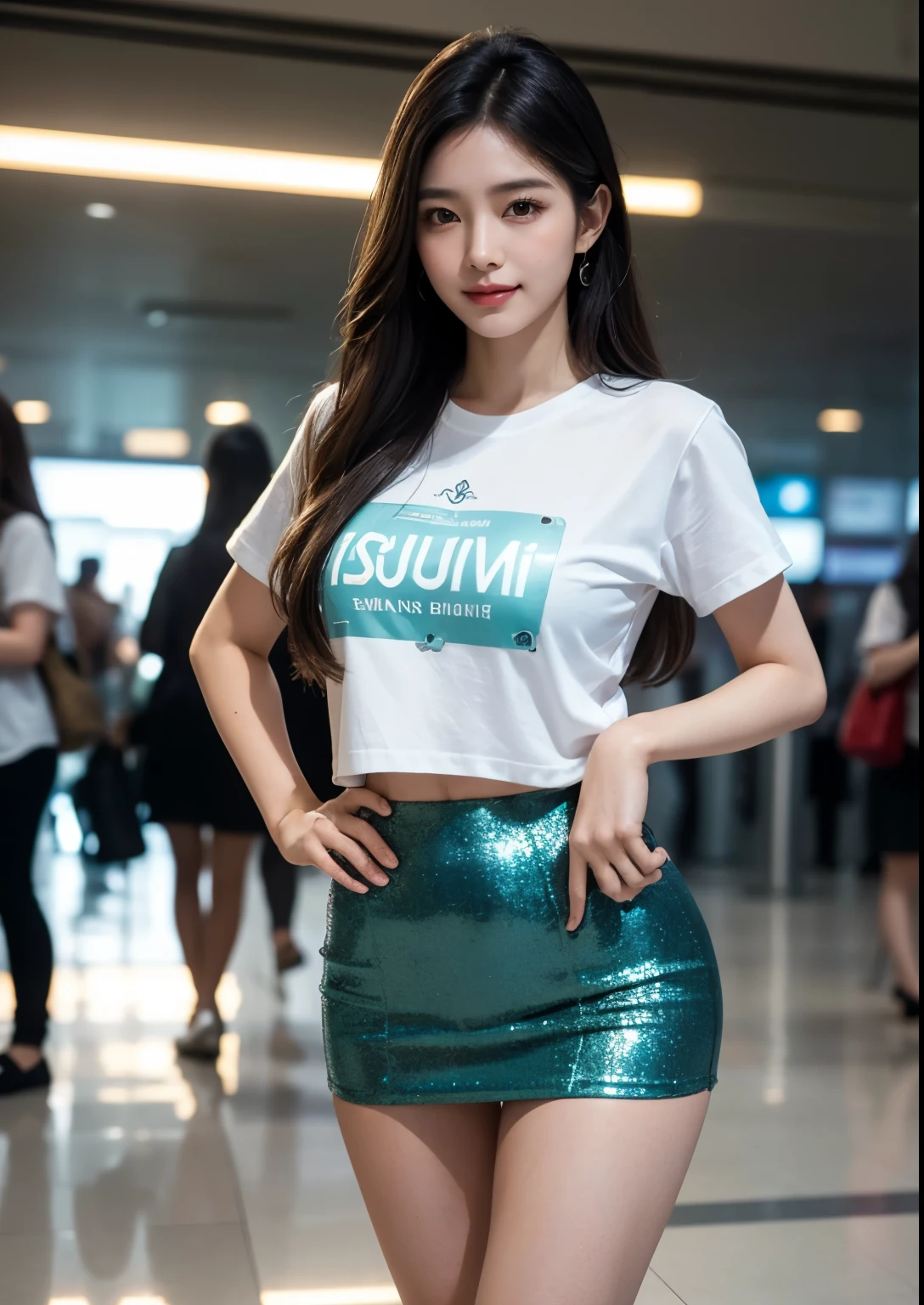 a beautiful korean girl, walking in dubai airport and shopping, (wearing a silky glitter seafoam t-shirt with " SUISY " ENGLISH TEXT ON T-SHIRT), tight mini skirt, long flowing hair, detailed beautiful face with striking eyes and lips, long silky hair, elegant pose, vivid colors, dramatic lighting, elegant pose, photorealistic, intricate details, warm lighting, dramatic colors, cinematic composition, highly detailed, 8k, masterpiece, hyper realistic, realistic lighting, volumetric fog, octane render, professional photography,bright skin, Autumn, clear face, realistic skin, realistic face, Realistic smile, tempting eyes, Cute, smile, one hand on hip pose,