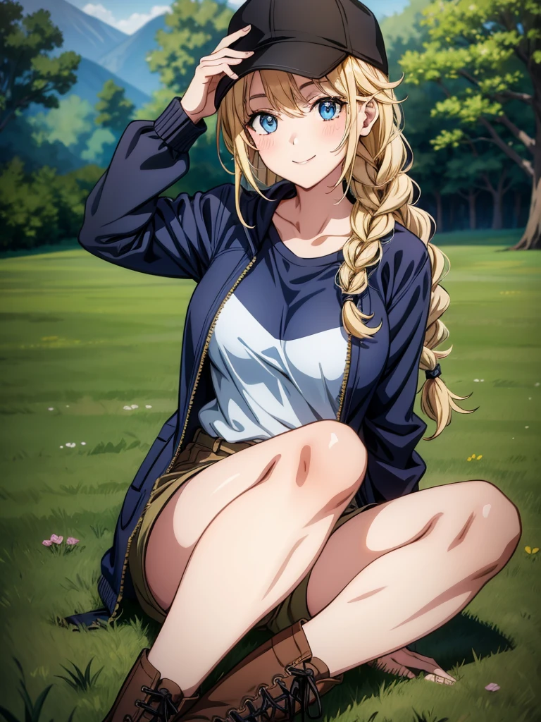 an anime style female figure wearing dark color top and knee high boots, 1girl, solo, hat, blue eyes, smile, blonde hair, sitting, boots, looking at viewer, braid, twin braids, jacket, shirt, white shirt, black headwear, baseball cap, blush, brown footwear, collarbone, shorts, long hair, lace-up boots, breasts, cross-laced footwear, open clothes