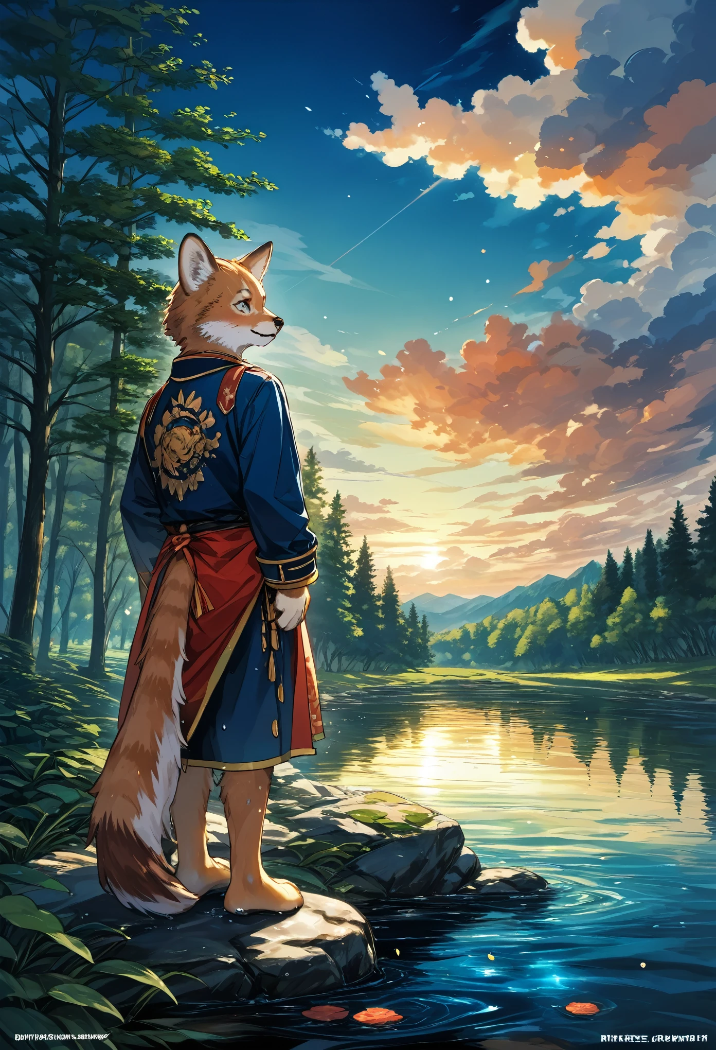 High-quality illustrations by Claude Monet, Impressionism, cover_page, highres, absurdres, detailed background, lake, dawn, detailed forest, clouds, Mysterious and romantic atmosphere, caustics surface(refraction, polarization)perfect anatomy(handsome 1boy, single, kemono, solo focus)volumetric lighting, Wet clothes, Water droplets(furry anthro)(very detailed body fur)full body, soft and delicate color palette, dramatic composition,