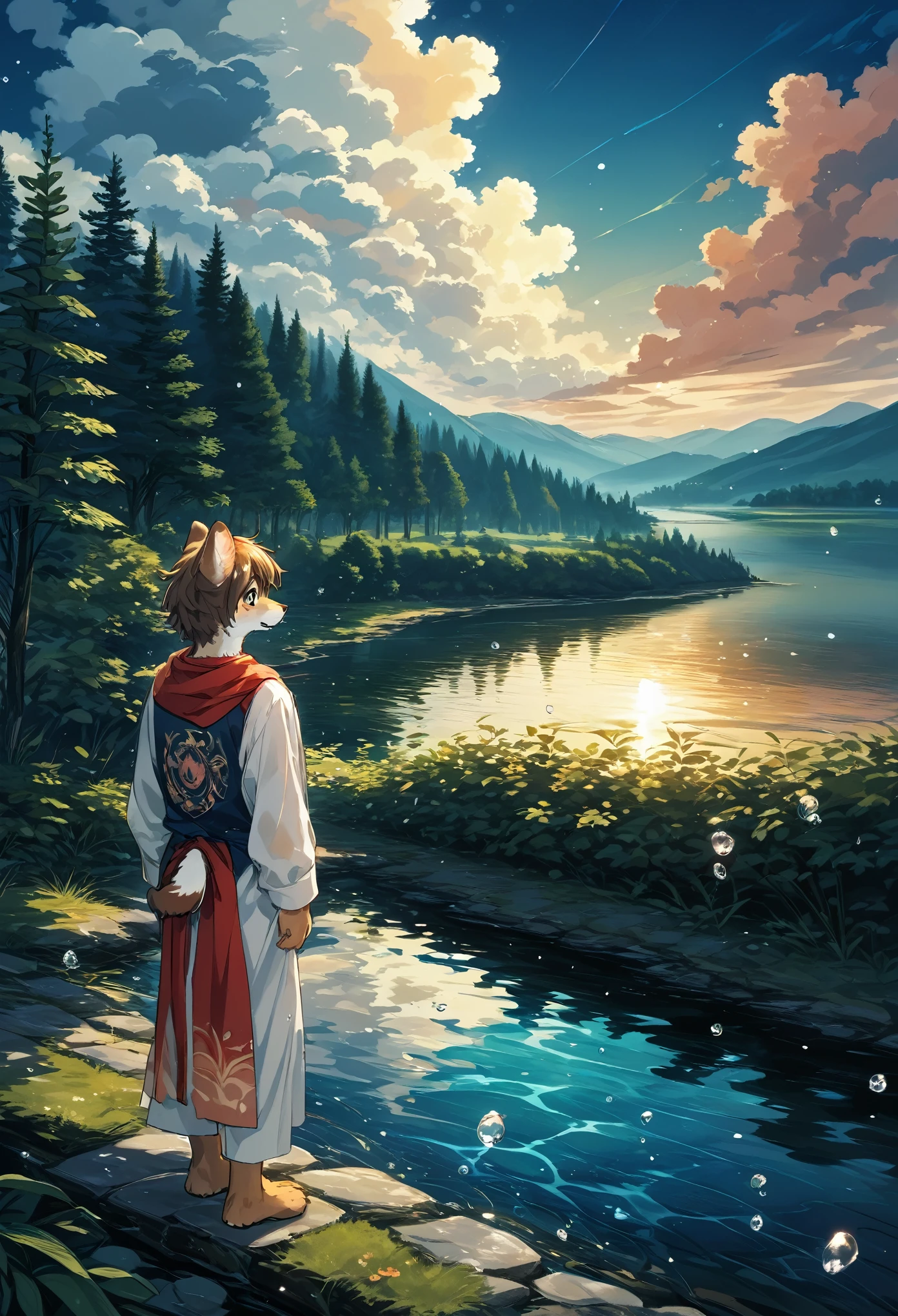 High-quality illustrations by Claude Monet, Impressionism, cover_page, highres, absurdres, detailed background, lake, dawn, detailed forest, clouds, Mysterious and romantic atmosphere, caustics surface(refraction, polarization)perfect anatomy(handsome 1boy, single, kemono, solo focus)volumetric lighting, Wet clothes, Water droplets(furry anthro)(very detailed body fur)full body, soft and delicate color palette, dramatic composition,