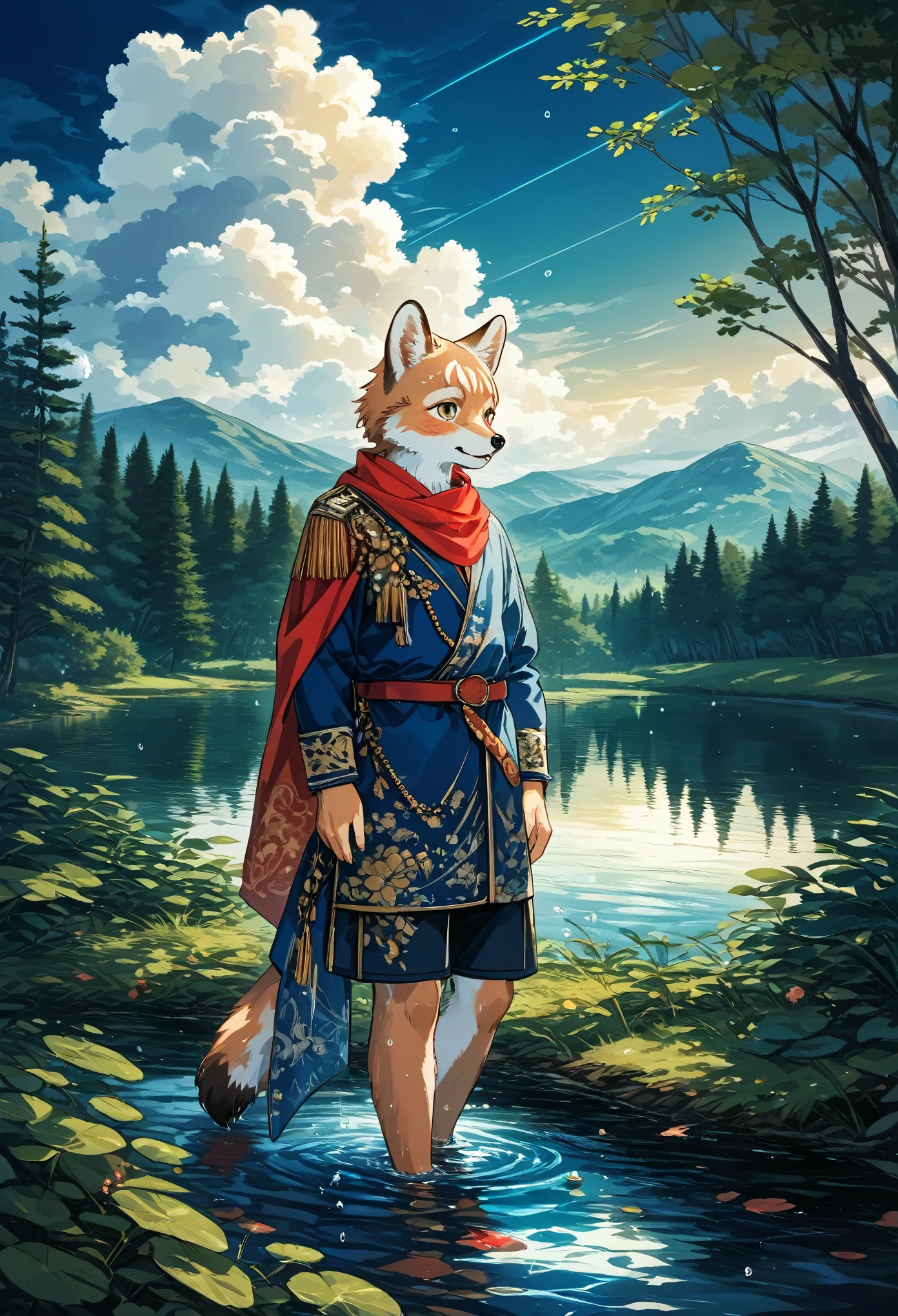 High-quality illustrations by Claude Monet, Impressionism, cover_page, highres, absurdres, detailed background, lake, dawn, detailed forest, clouds, Mysterious and romantic atmosphere, caustics surface(refraction, polarization)perfect anatomy(handsome 1boy, single, kemono, solo focus)volumetric lighting, Wet clothes, Water droplets(furry anthro)(very detailed body fur)full body, soft and delicate color palette, dramatic composition,