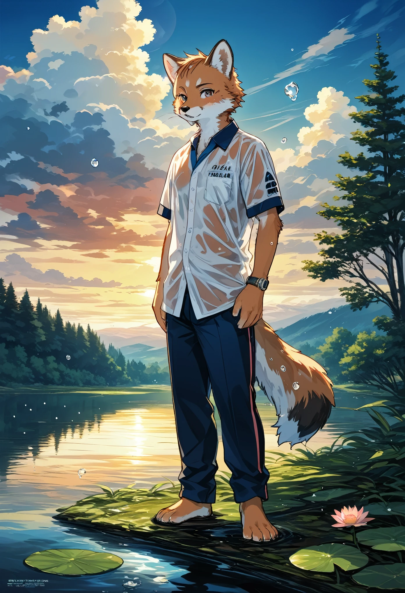 High-quality illustrations by Claude Monet, Impressionism, cover_page, highres, absurdres, detailed background, lake, dawn, detailed forest, clouds, Mysterious and romantic atmosphere, caustics surface(refraction, polarization)perfect anatomy(handsome 1boy, single, kemono, solo focus)volumetric lighting, Wet clothes, Water droplets(furry anthro)(very detailed body fur)full body, soft and delicate color palette, dramatic composition,