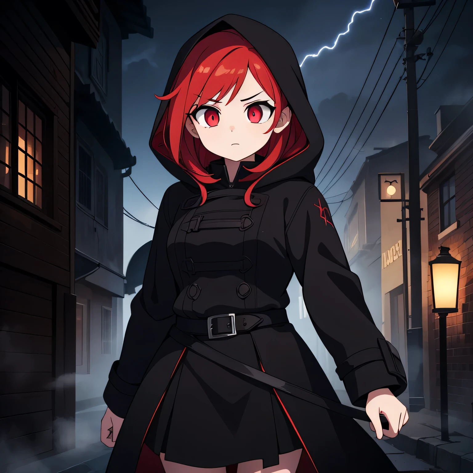 Best quality, realistic, a girl with red hair and detailed eyes and face, lightning bolts around, red glowing eyes, wearing a black dress, with a black overcoat, and a person with a black hood over their head. The scene depicts a huntress inspired by the style of Van Helsing. The background is a dark, mysterious setting with dimly lit streets and fog. The colors are rich and vibrant, with a dark and moody color palette. The lighting is dramatic, casting long shadows and highlighting the girl's determined expression. The overall image should have a cinematic and thrilling atmosphere, capturing the essence of a fierce and skilled huntress in action.