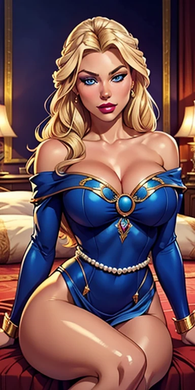 "A beautifully detailed portrait of a Nordic princess named Leona. Leona has long, straight blonde hair styled with pearls and ribbons. She is dressed in an elegant off-shoulder short pink naked dress that accentuates her curves. Her face is perfectly made up with heavy makeup, including layers of foundation, eyeshadow, and ((glossy lipstick)). She has fair skin and ((blue eyes)). She is sitting with her hands in front of her. The background includes an opulent bed and ornate decorations, reflecting the grandeur and wealth of the palace. Leona looks sad, with an expression that conveys a deep sense of sorrow. The image should focus on vibrant colors and a soft, illustrative look."