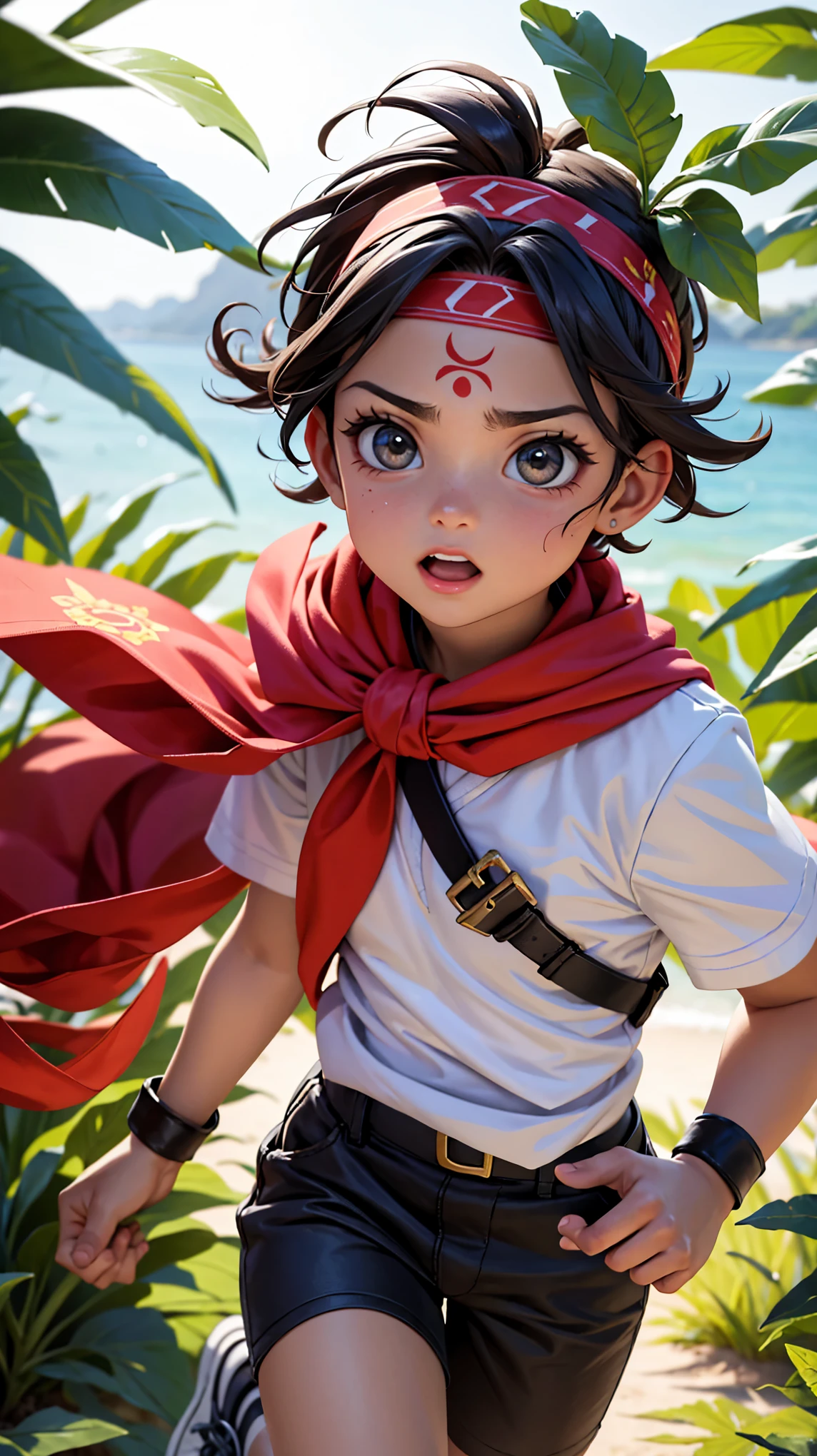Um jovem determinado, with a bandana on his head, corre por uma floresta densa. Ele deve parecer determinado, with a bandana on his head e trajes típicos de um herói de anime (talvez uma roupa de artes marciais ou de aventureiro). Folhas e galhos se movendo ao seu redor enquanto ele corre rapidamente. Expression of determination on the face.