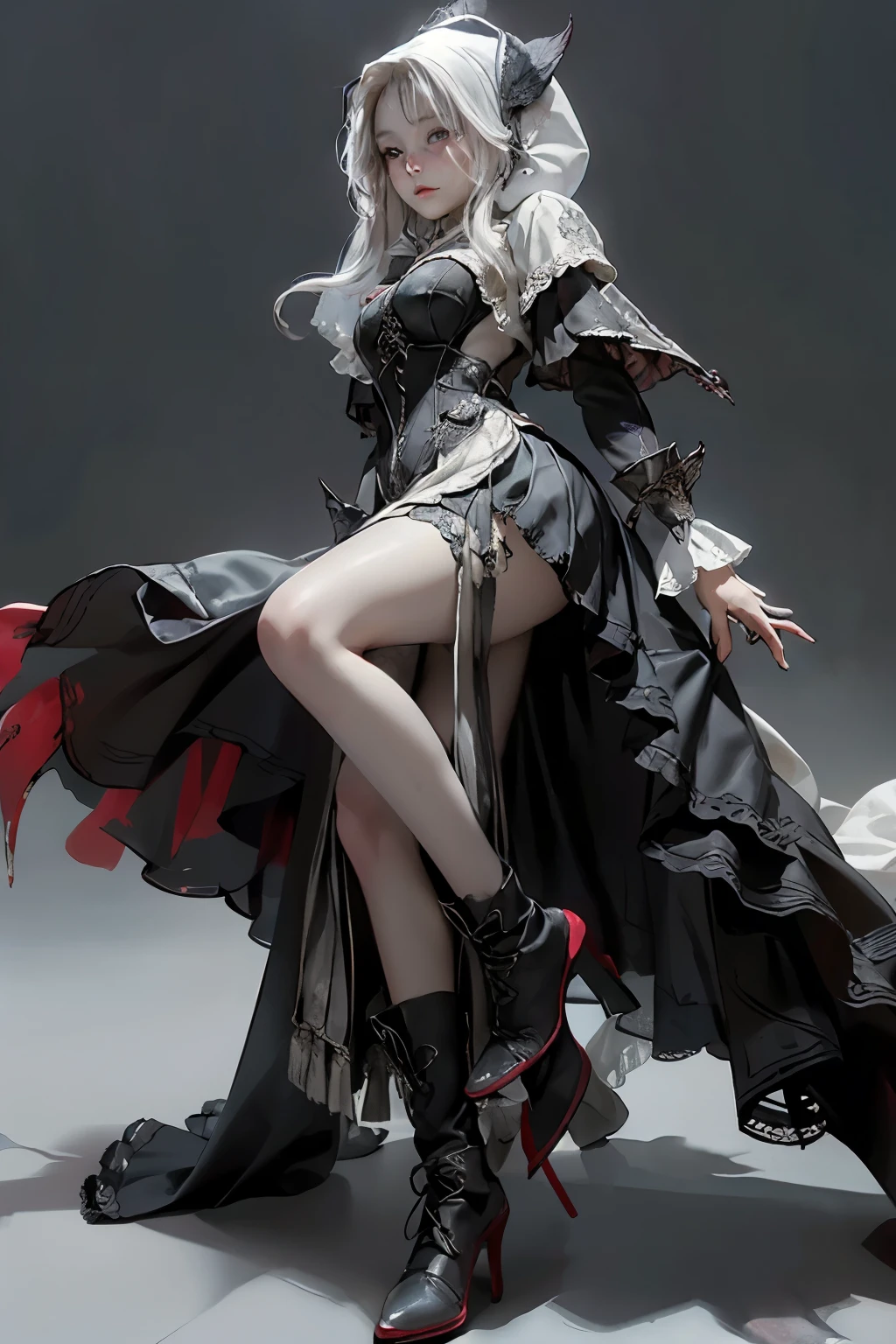 (((masutepiece, of the highest quality, super detailed))), full body, whole body, hand drawn style, hand painted style, watercolour, sketch, a knight, white background, plain background, Bloodborne inspired, tatty Bloodborne attire, occult aesthetic, occult, tatty red and white clothing detailed and intricate steampunk and detailed gothic ta (with a hood), diadems, long coat, Complex laced boots, Fluttering lace flared long knee length dress with frilly petticoats, long dress, knee length dress, pleated petticoats, loliress, petticoats gothic lolita, tiful small breasts, (((( Highly detailed face))), small thin nose, Small thin lips mouth, (((Very sharp focused eyes))), Very large slit precision pale grey eyes that shine like jewels. very long eyelashes, Silver hair swaying in the wind, Emitting a dazzling light in a mandala pattern, white background, Very dramatic and cinematic lighting, tatty damaged old red and white clothing, full body, whole body, body, cosmic horror, grim dark, lolita dressthic, lolita petticoatloodborne attire petticoats, full body, whole body, Bloodborne inspired