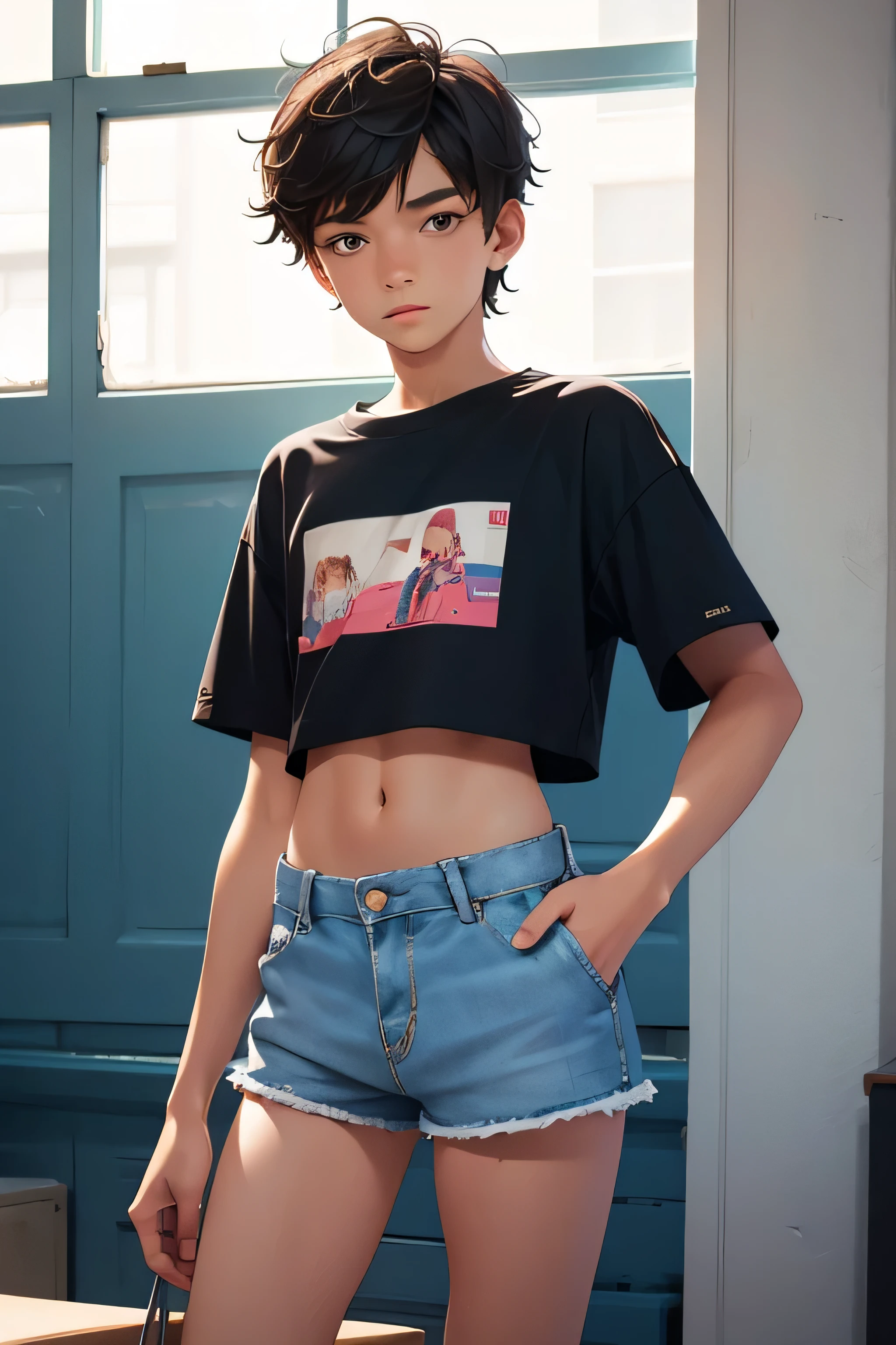 boy-model 14 yy wears a crop shirt and too very short mini shorts, beautiful legs, hot summer, highest quality,