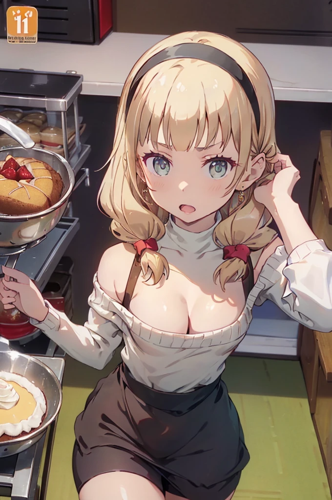 (small breasts:1.3), (perky chest:1.1), (pointed chest:1.0), (Pudding cake magazine cover:1.3),(from above:1.0),(from side:0.9),masterpiece, 1girl, Amazing Cleavage:1.1, thin waist, big ass, Raised sexy, small breast: 1.3, posed cleavage:1.2、solo, open mouth, have a cute grass of cute beergrass,black hair, dark green eyes, dress, bare shoulders, jewelry, collarbone, sidelocks, hairband, earrings, indoors, off shoulder, sweater, arms behind back, plant, short hair with long locks, gild hairband, sweater dress:1.2, off-shoulder sweater, red sweater, dark gord hair, big side hair, very long side hair,is rendered in (masterpiece: 1.2, best quality), with (ultra high resolution) and an exquisite (depth of field). This masterpiece is not only visually stunning but also tells,A scene of cooking in the kitchen by classroom ,looking at viewer,