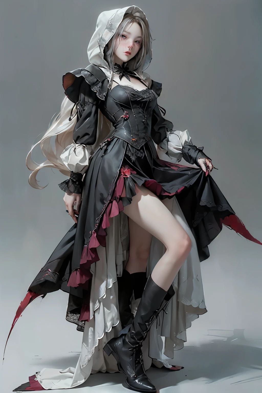 (((masutepiece, of the highest quality, super detailed))), full body, whole body, hand drawn style, hand painted style, watercolour, sketch, a knight, white background, plain background, Bloodborne inspired, tatty Bloodborne attire, occult aesthetic, occult, tatty red and white clothing detailed and intricate steampunk and detailed gothic lolita (with a hood), diadems, long coat, Complex laced boots, Fluttering lace flared long knee length dress with frilly petticoats, long dress, knee length dress, pleated petticoats, lolita dress, petticoats gothic lolita, beautiful small breasts, (((( Highly detailed face))), small thin nose, Small thin lips mouth, (((Very sharp focused eyes))), Very large slit precision pale grey eyes that shine like jewels. very long eyelashes, Silver hair swaying in the wind, Emitting a dazzling light in a mandala pattern, white background, Very dramatic and cinematic lighting, tatty damaged old red and white clothing, full body, whole body, body, cosmic horror, grim dark, lolita dress, gothic, lolita petticoats, Bloodborne attire petticoats, full body, whole body, Bloodborne inspired