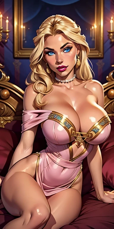 "A beautifully detailed closeup portrait of a Nordic princess named Leona. Leona has long, straight blonde hair styled with pearls and ribbons. She is dressed in an elegant off-shoulder short pink naked dress that accentuates her curves. Her face is perfectly made up with heavy makeup, including layers of foundation, eyeshadow, and ((glossy lipstick)). She has fair skin and ((blue eyes)). She is sitting with her hands in front of her. The background includes an opulent bed and ornate decorations, reflecting the grandeur and wealth of the palace. Leona looks sad, with an expression that conveys a deep sense of sorrow. The image should focus on vibrant colors and a soft, illustrative look."
