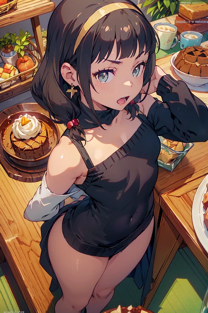(small breasts:1.3), (perky chest:1.1), (pointed chest:1.0), (Pudding cake magazine cover:1.3),(from above:1.0),(from side:0.9),masterpiece, 1girl, Amazing Cleavage:1.1, thin waist, big ass, Raised sexy, small breast: 1.3, posed cleavage:1.2、solo, open mouth, have a cute grass of cute beergrass,black hair, dark green eyes, dress, bare shoulders, jewelry, collarbone, sidelocks, hairband, earrings, indoors, off shoulder, sweater, arms behind back, plant, short hair with long locks, gild hairband, sweater dress:1.2, off-shoulder sweater, red sweater, dark gord hair, big side hair, very long side hair,is rendered in (masterpiece: 1.2, best quality), with (ultra high resolution) and an exquisite (depth of field). This masterpiece is not only visually stunning but also tells,A scene of cooking in the kitchen by classroom ,looking at viewer,