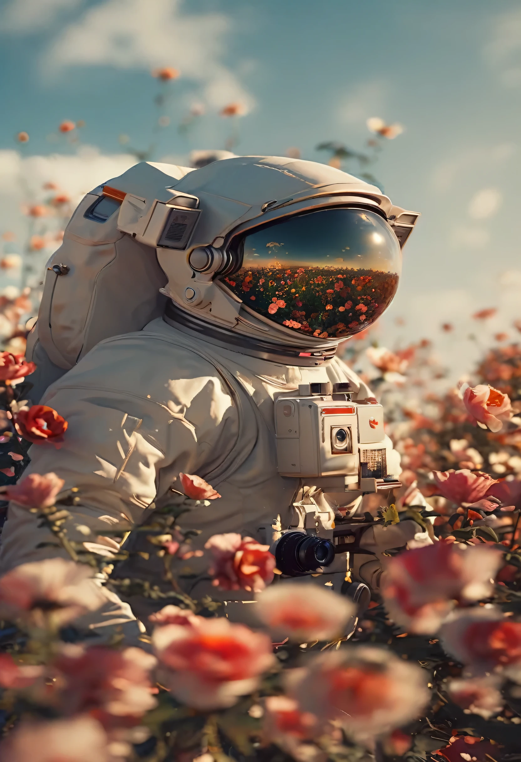 astronaut in a field of flowers with a camera, realism | beeple, beeple. hyperrealism, beeple art, beeple and james jean, beeple daily art, beeple artwork, beeple masterpiece, beeple!!, beeple |, beeple style, beeple and tim hildebrandt