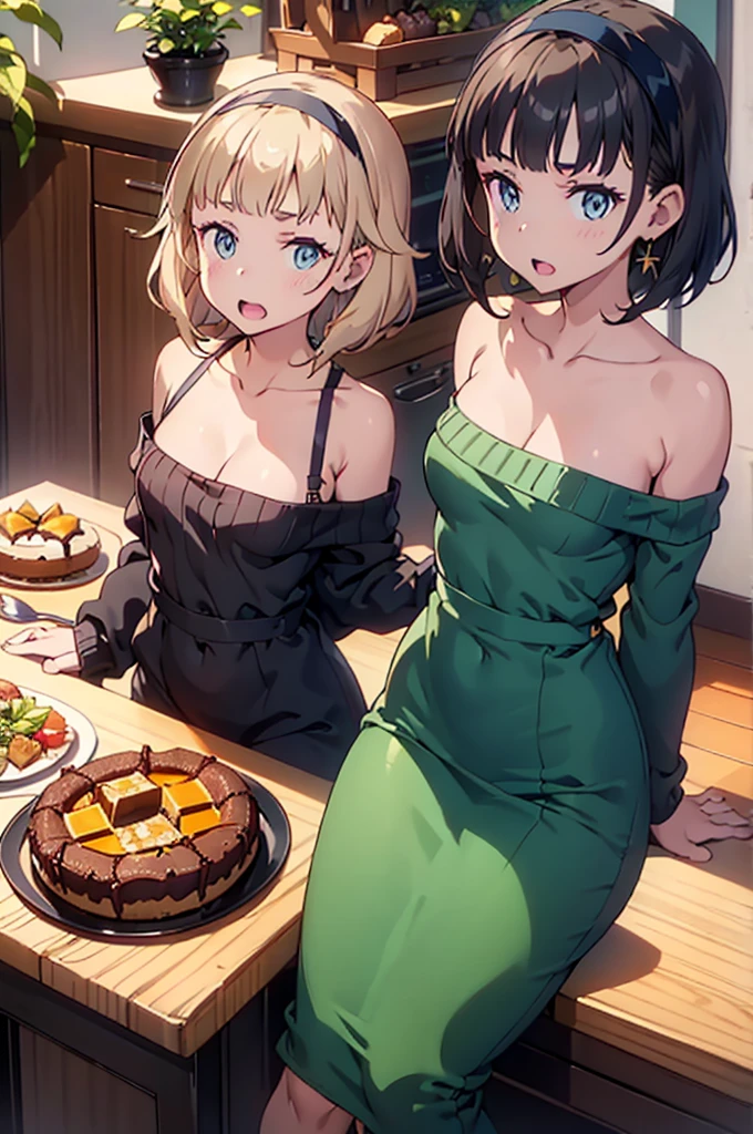 (small breasts:1.3), (perky chest:1.1), (pointed chest:1.0), (Pudding cake magazine cover:1.3),(from above:1.0),(from side:0.9),masterpiece, 1girl, Amazing Cleavage:1.1, thin waist, big ass, Raised sexy, small breast: 1.3, posed cleavage:1.2、solo, open mouth, have a cute grass of cute beergrass,black hair, dark green eyes, dress, bare shoulders, jewelry, collarbone, sidelocks, hairband, earrings, indoors, off shoulder, sweater, arms behind back, plant, short hair with long locks, gild hairband, sweater dress:1.2, off-shoulder sweater, red sweater, dark gord hair, big side hair, very long side hair,is rendered in (masterpiece: 1.2, best quality), with (ultra high resolution) and an exquisite (depth of field). This masterpiece is not only visually stunning but also tells,A scene of cooking in the kitchen by classroom ,looking at viewer,