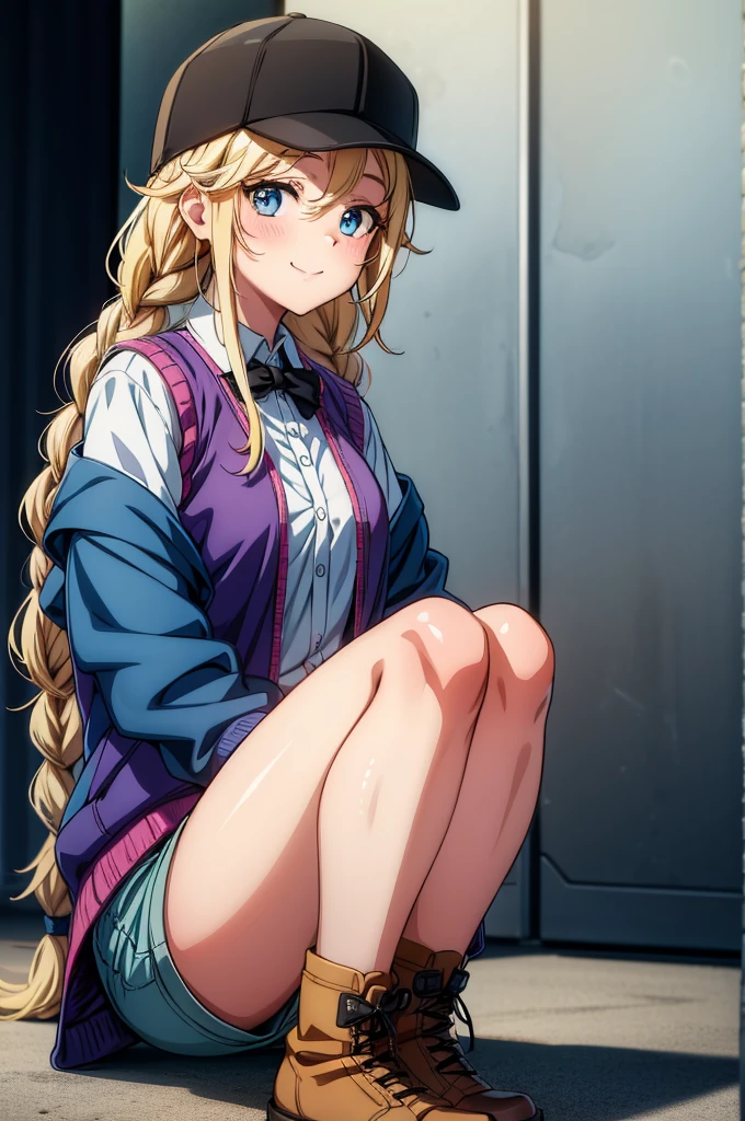 a cartoon girl sitting on her knees in a vest with a hat, 1girl, solo, blonde hair, hat, blue eyes, twin braids, braid, smile, sitting, shirt, looking at viewer, boots, shorts, jacket, baseball cap, blush, white shirt, black headwear, long hair