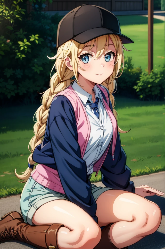 a cartoon girl sitting on her knees in a vest with a hat, 1girl, solo, blonde hair, hat, blue eyes, twin braids, braid, smile, sitting, shirt, looking at viewer, boots, shorts, jacket, baseball cap, blush, white shirt, black headwear, long hair