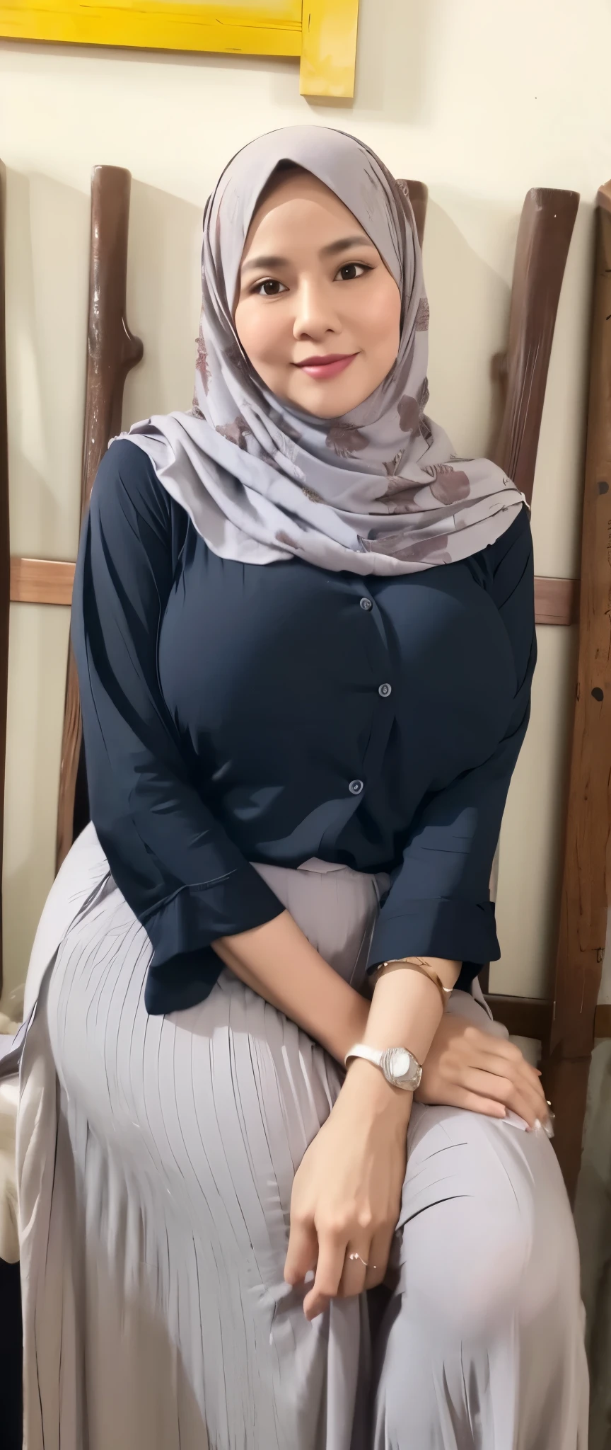 50 years Old, Hijab Indonesian mature woman, Big Tits : 66.9, Gamis, Breast out from her clothes : 1.9, at doctor office, Dark light, at Nighttime