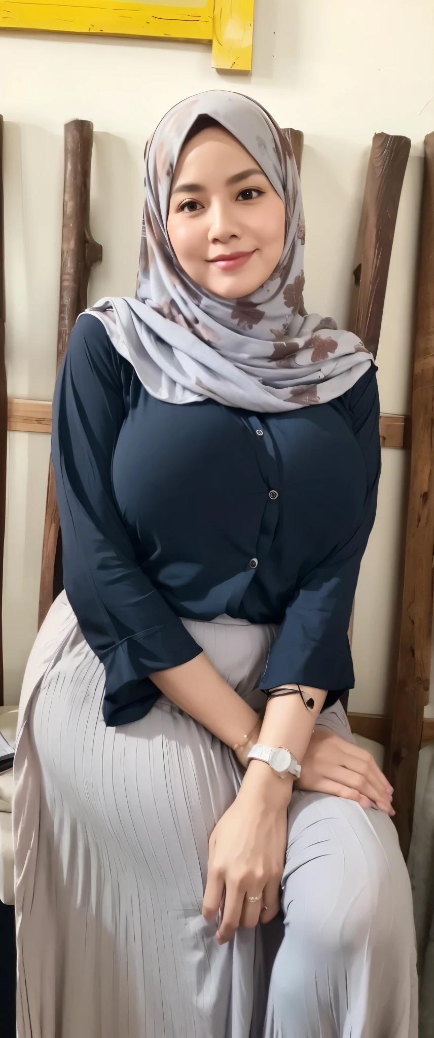 50 years Old, Hijab Indonesian mature woman, Big Tits : 66.9, Gamis, Breast out from her clothes : 1.9, at doctor office, Dark light, at Nighttime