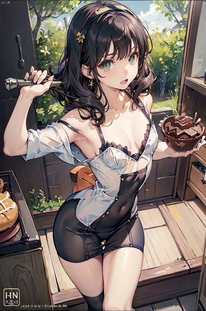 (small breasts:1.3), (perky chest:1.1), (pointed chest:1.0), (Pudding cake magazine cover:1.3),(from above:1.0),(from side:0.9),masterpiece, 1girl, Amazing Cleavage:1.1, thin waist, big ass, Raised sexy, small breast: 1.3, posed cleavage:1.2、solo, open mouth, have a cute grass of cute beergrass,black hair, dark green eyes, dress, bare shoulders, jewelry, collarbone, sidelocks, hairband, earrings, indoors, off shoulder, sweater, arms behind back, plant, short hair with long locks, gild hairband, sweater dress:1.2, off-shoulder sweater, red sweater, dark gord hair, big side hair, very long side hair,is rendered in (masterpiece: 1.2, best quality), with (ultra high resolution) and an exquisite (depth of field). This masterpiece is not only visually stunning but also tells,A scene of cooking in the kitchen by classroom ,looking at viewer,