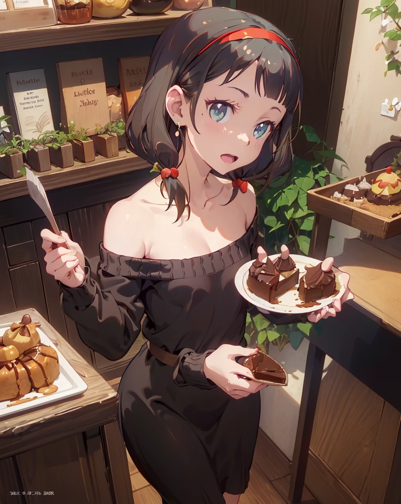 (small breasts:1.3), (perky chest:1.1), (pointed chest:1.0), (Pudding cake magazine cover:1.3)，(from above:1.0),(from side:0.9),masterpiece, 1girl, Amazing Cleavage:1.1, thin waist, big ass, Raised sexy, small breast: 1.3, posed cleavage:1.2、solo, open mouth, have a cute grass of cute beergrass,black hair, dark green eyes, dress, bare shoulders, jewelry, collarbone, sidelocks, hairband, earrings, indoors, off shoulder, sweater, arms behind back, plant, short hair with long locks, gild hairband, sweater dress:1.2, off-shoulder sweater, red sweater, dark gord hair, big side hair, very long side hair,is rendered in (masterpiece: 1.2, best quality), with (ultra high resolution) and an exquisite (depth of field). This masterpiece is not only visually stunning but also tells,A scene of cooking in the kitchen by classroom ,looking at viewer,