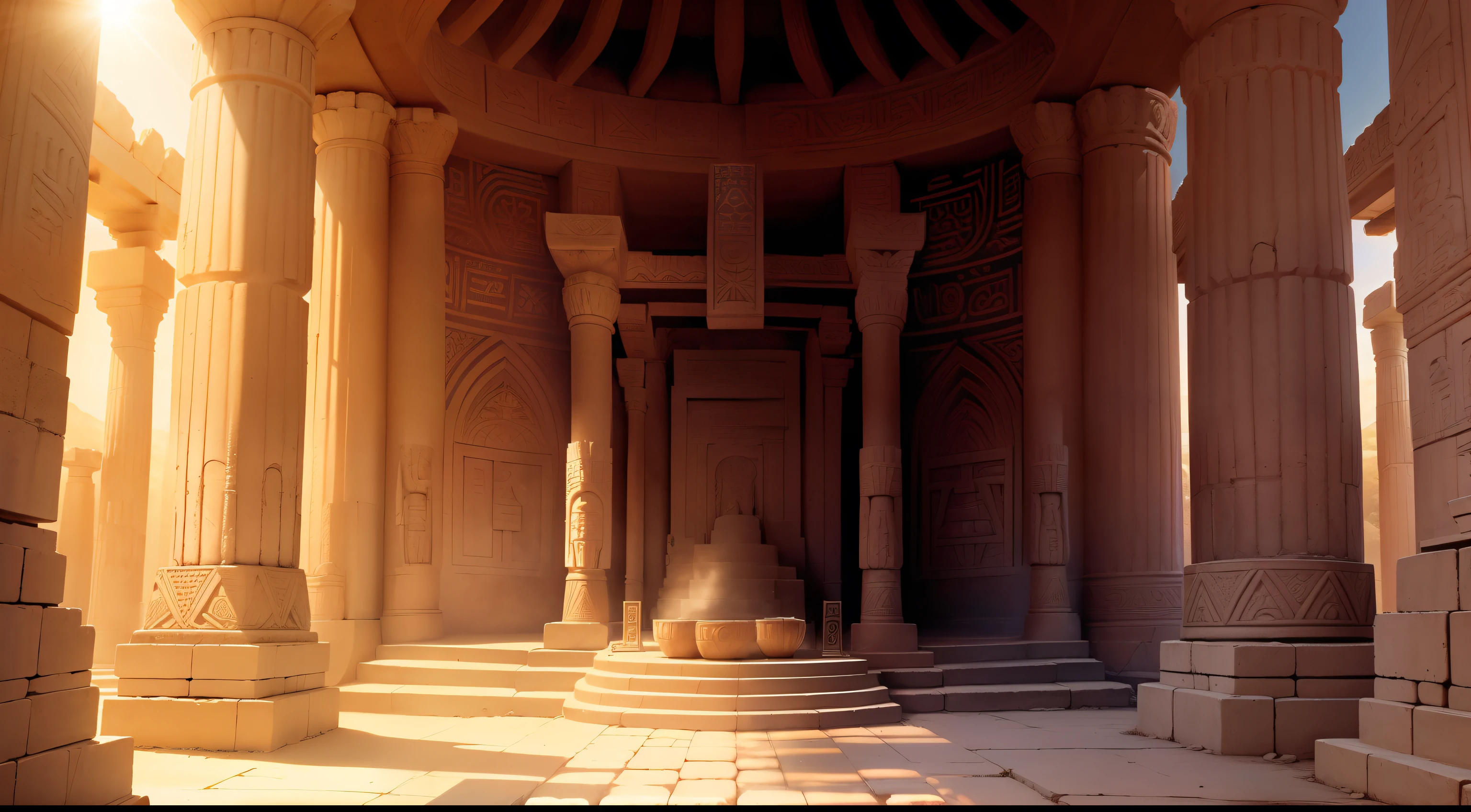 A serene temple dedicated to the goddess Inanna. Tall pillars, carved with cuneiform writings, support the structure. Sunlight filters through, casting a divine glow on the temple floor. An altar with offerings stands in the center.