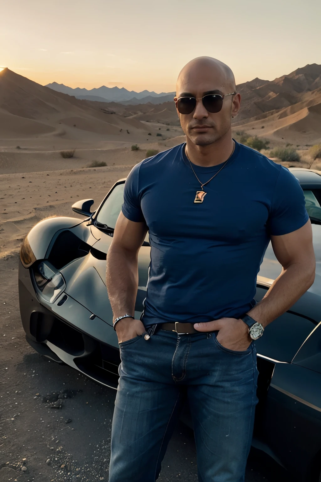 picture taken from far distance, man using iphone in ferarri, picture taken from front of car, sunset in background, bald muscular man, blue tshirt, in ferrari, dubai desert, using iphone, photo taken from far away, sunglasses, black jeans, cat eye sun glasses, leather strap watch, hyper realistic, detailed skin, high resolution, extra details, quality uhd, tanned skin, sharp jawline, detailed face, photo realistic, high budget, sunset