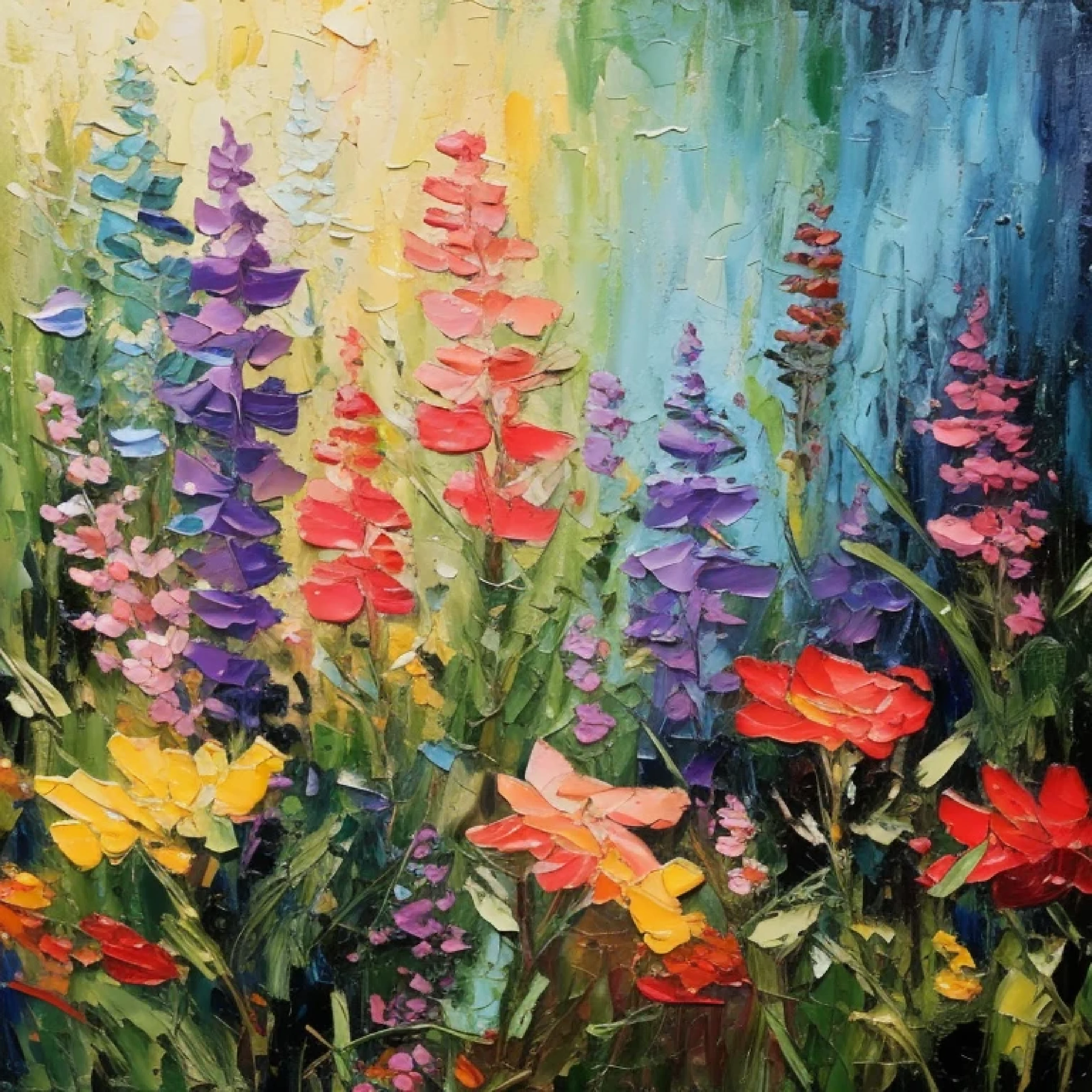 Flower field painting on background, Colorful oil painting, oil painting with brushstrokes, Bright color oil painting on canvas, vibrant oil painting, oil painting mixture, Detailed 4k oil painting, palette knife, impasto, Detailed impasto brushstrokes, colorful wildflowers, oil paint strokes, High quality oil painting