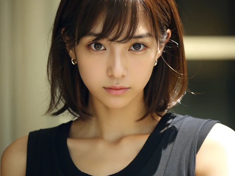 Look into the eyes,　Eye contact,　Front of face,　Front face,　face,　head,　Cross-legged,　indoor,　Brown Hair,　bangs,　Light clothing,　Black Tank Top,　Sweat,　Sweatだく,　Sweatばみ,　clavicle,　Cross-legged,　Light from below,　Chest,　Earrings