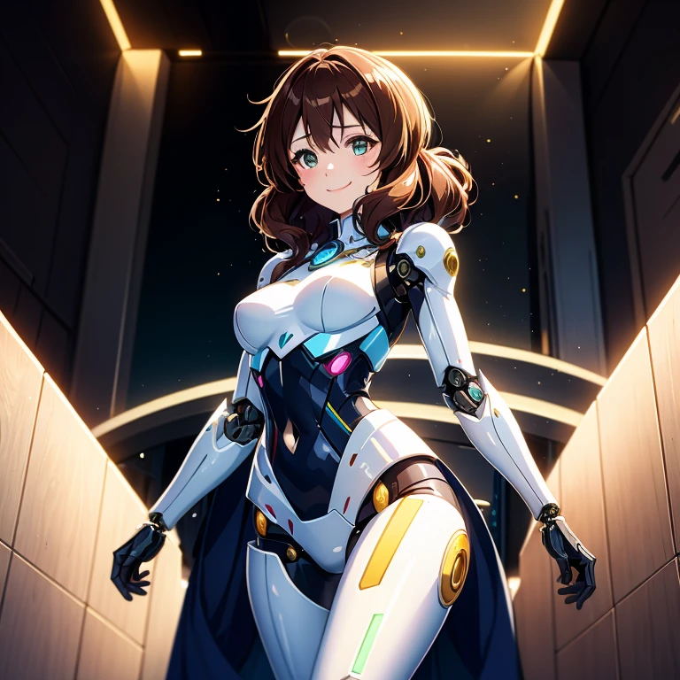 Girl with futuristic equipment posing for a photo、Kumiko Oumae、smile、medium hair, cyborg porcelain armor, (shiny white armor, cyborg body, mechanical robot girl、diverse cyber suits,(beautiful mechanical woman:1.5)), beautiful girl cyborg, Wearing futuristic armor, perfect mechanical woman、shining hair,Kumiko Oumae、closed mouth、wavy hair