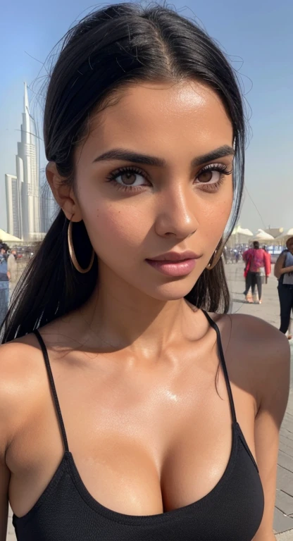 Best quality, 8k, (regarder le spectateur: 1.1), belle, chaude, attractive, woman with tanned skin, oiled black hair, (lentilles de contact: 1.1), beau visage, (detailed face: 1.2), (animated: 1.2), hyper detailed, Best quality, ultra high resolution, Cheveux bruns , pchaudorealistic, high resolution, detailed , raw pchaudo, 1fille, pose sexy, urban outfit, dubai