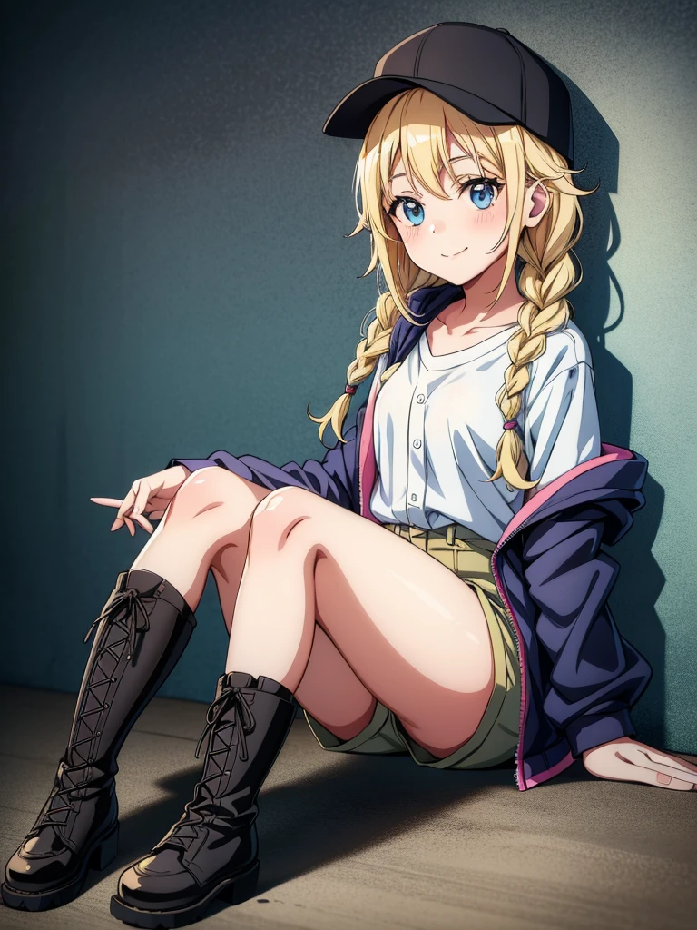 a blonde haired anime cartoon looking young woman sitting next to wall, 1girl, solo, twin braids, braid, blue eyes, hat, blonde hair, sitting, smile, boots, looking at viewer, long hair, shirt, shorts, jacket, white shirt, blush, black headwear, baseball cap, cross-laced footwear, collarbone
