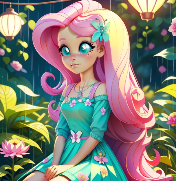 Fluttershy, fluttershy from my little pony, fluttershy in the form of a girl, lush breast, pink long wavy hair, soft smile, flowers, butterflies, (top quality, masterpiece, ultra-realistic), rainy day, raining, indoor in a green botanical garden, dome, lots of flowers, dense mass plants, the background landscape is a garden with petals, Dahlia peony flowers everywhere, turquoise eyes, turquoise eyeshadow, green dress, butterfly hair clip, detailed lighting, sunlight, yellow pure light, sitting, heavenly plants, hanging flower pots, pink and green flowers everywhere, flower crown, green glass dome, extremely long hair, (light yellow skin 1.5), yellow pony ears, golden lighting