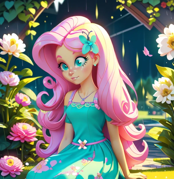 Fluttershy, fluttershy from my little pony, fluttershy in the form of a girl, lush breast, pink long wavy hair, soft smile, flowers, butterflies, (top quality, masterpiece, ultra-realistic), rainy day, raining, indoor in a green botanical garden, dome, lots of flowers, dense mass plants, the background landscape is a garden with petals, Dahlia peony flowers everywhere, turquoise eyes, turquoise eyeshadow, green dress, butterfly hair clip, detailed lighting, sunlight, yellow pure light, sitting, heavenly plants, hanging flower pots, pink and green flowers everywhere, flower crown, green glass dome, extremely long hair, (light yellow skin 1.5), yellow pony ears, golden lighting