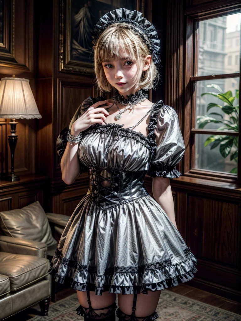 (8K, Photorealistic, Raw photo, of the highest quality: 1.3), (1girl in), Super beautiful, (Realistic face), (boyish, Silver Color Berry Shorthair), Beautiful , Glare that captivates the viewer, Beautiful expression, Beautiful breasts, (Realistic skin), Be...Super high quality, super high definition, super detailed, masterpiece, 20years old, female, cute, perfect face, beautiful, nice body, gothic lolita clothes, gothic lolita fashion, frilly skirt, headdress, necklace, bracelet, knee-high socks, boots, double eyelids, tear bags, Detailed down to the fingers, photo-like description, indoors, dim indoor lighting, blonde hair, short bob, standing, whole body, composition that shows the whole body, smiling