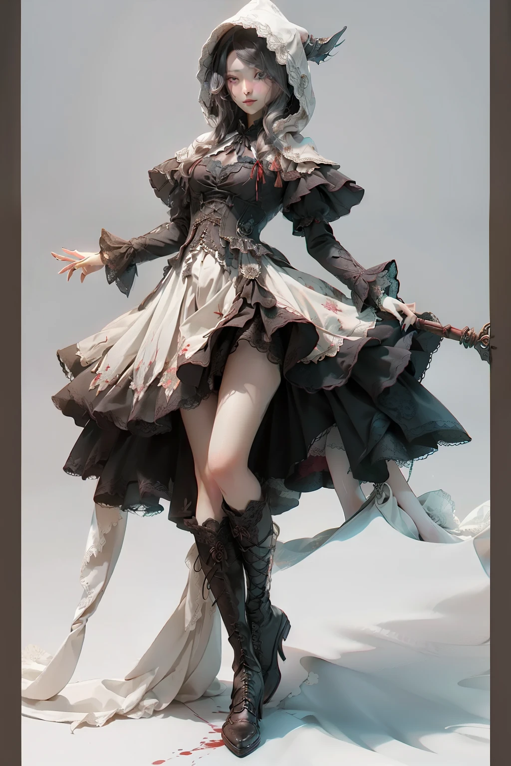 (((masutepiece, of the highest quality, super detailed))), full body, whole body, hand drawn style, hand painted style, watercolour, sketch, a knight, white background, plain background, Bloodborne inspired, tatty Bloodborne attire, occult aesthetic, occult, tatty red and white clothing detailed and intricate steampunk and detailed gothic ta (with a hood), diadems, long coat, Complex laced boots, Fluttering lace flared long knee length dress with frilly petticoats, long dress, knee length dress, pleated petticoats, loliress, petticoats gothic lolita, tiful small breasts, (((( Highly detailed face))), small thin nose, Small thin lips mouth, (((Very sharp focused eyes))), Very large slit precision pale grey eyes that shine like jewels. very long eyelashes, Silver hair swaying in the wind, Emitting a dazzling light in a mandala pattern, white background, Very dramatic and cinematic lighting, tatty damaged old red and white clothing, full body, whole body, body, cosmic horror, grim dark, lolita dressthic, lolita petticoatloodborne attire petticoats, full body, whole body, Bloodborne inspired